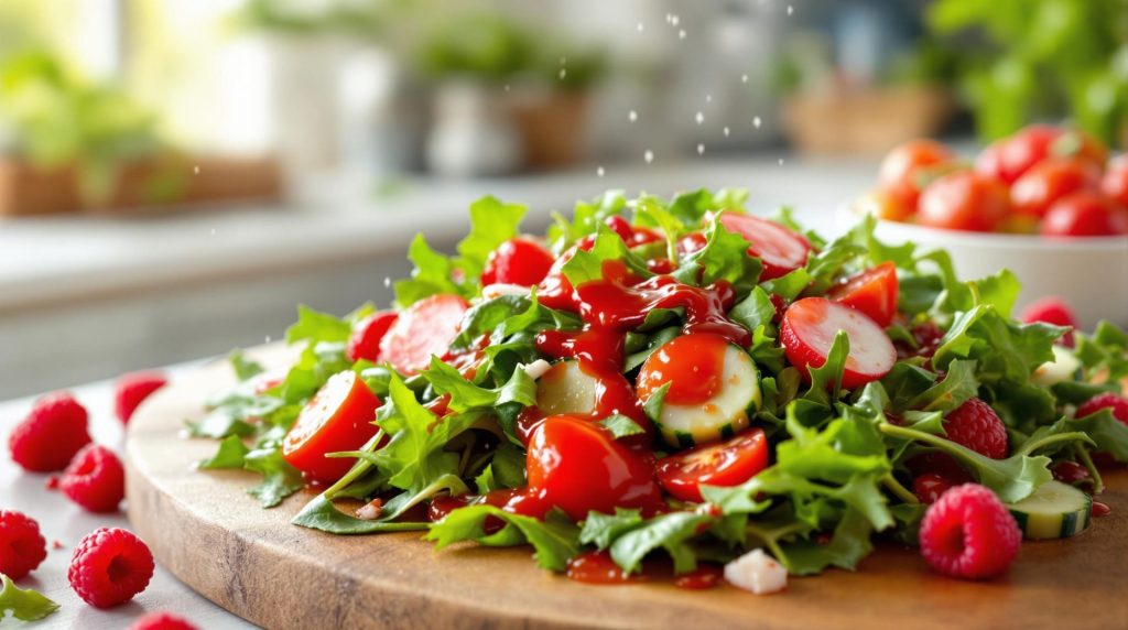 découvrez notre vinaigrette sucrée-salée à la framboise, une préparation délicieuse qui élève chaque salade au rang de plat gourmet. parfaite pour rehausser vos plats, elle allie harmonieusement douceur et saveur, faisant de vos repas une expérience culinaire inoubliable.