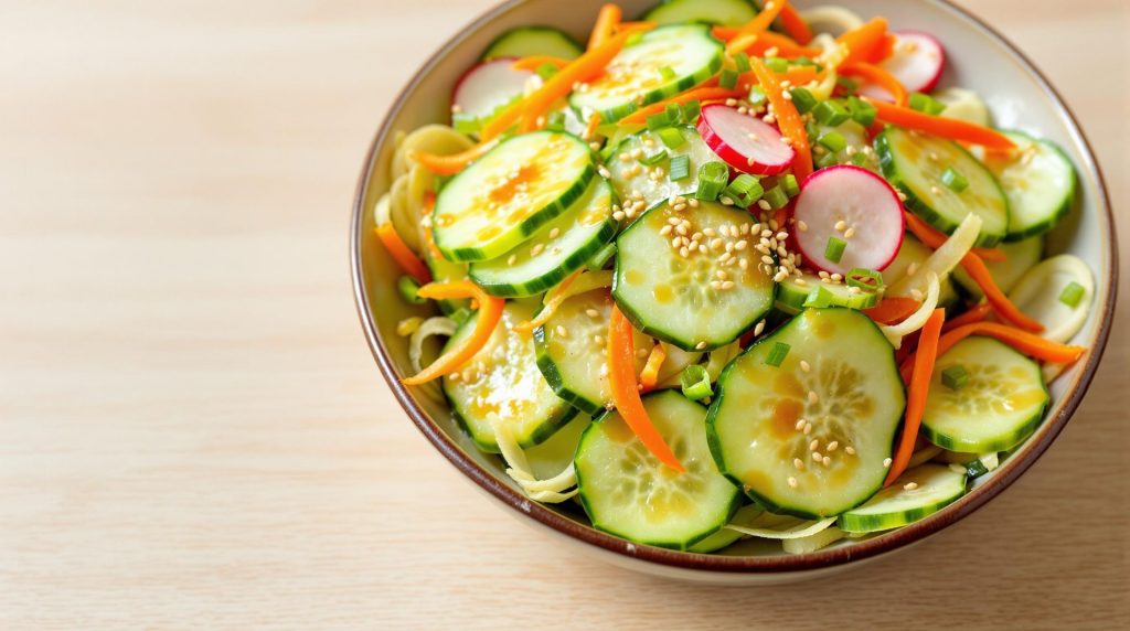 découvrez notre salade de concombre vinaigrée à la japonaise, une recette fraîche et savoureuse qui apporte une touche originale à vos repas. avec son mélange de saveurs umami et sa vinaigrette délicate, ce plat léger saura étonner vos convives et égayer vos tables. un twist inattendu qui fait toute la différence !