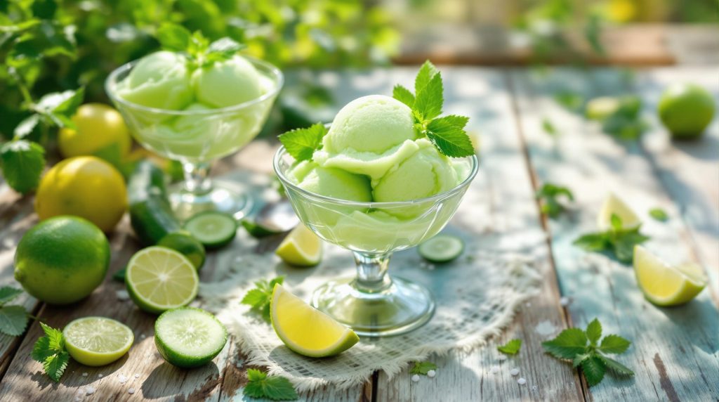 découvrez le sorbet concombre-citron vert, une douceur irrésistiblement fraîche pour vos desserts d'été. parfaitement équilibré entre la légèreté du concombre et l'acidité du citron vert, ce sorbet vous rafraîchira et surprendra vos papilles. idéal pour vos soirées ensoleillées.