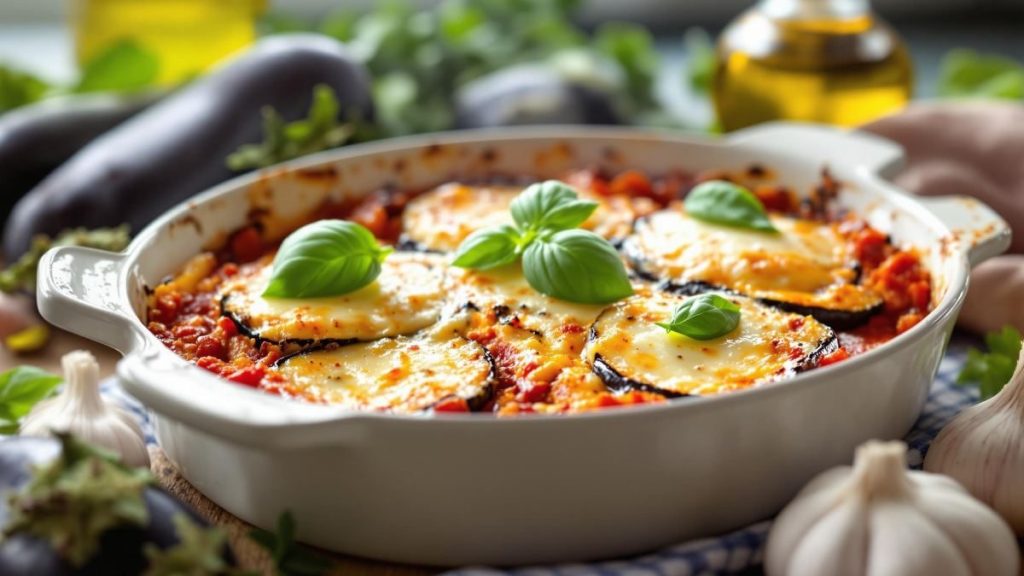 Gratin d’aubergines alla parmigiana allégée, doré et garni de basilic frais