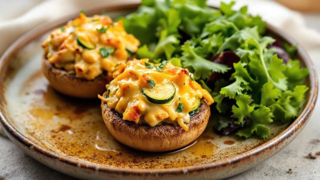 Champignons farcis grillés au four avec du poulet, des dés de courgette et du fromage fondu, servis avec une salade verte