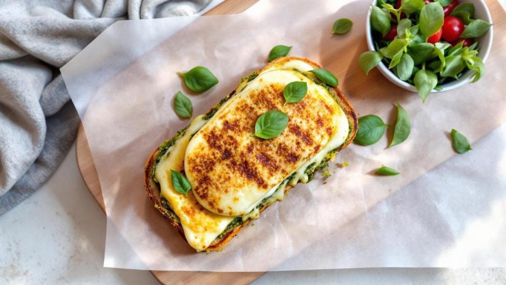 Croque-monsieur grillé au pesto et mozzarella, coupé en deux avec fromage fondant et feuilles de basilic