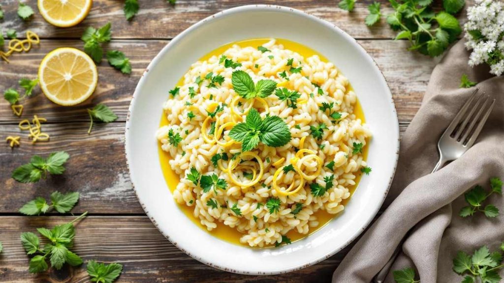 Assiette de risotto au citron et herbes fraîches servi chaud avec du zeste de citron et des herbes ciselées