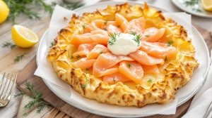 découvrez une recette gourmande et raffinée : galette de pommes de terre croustillante, saumon fumé fondant et crème légère au raifort. une alliance parfaite pour une entrée iodée et pleine de saveurs.