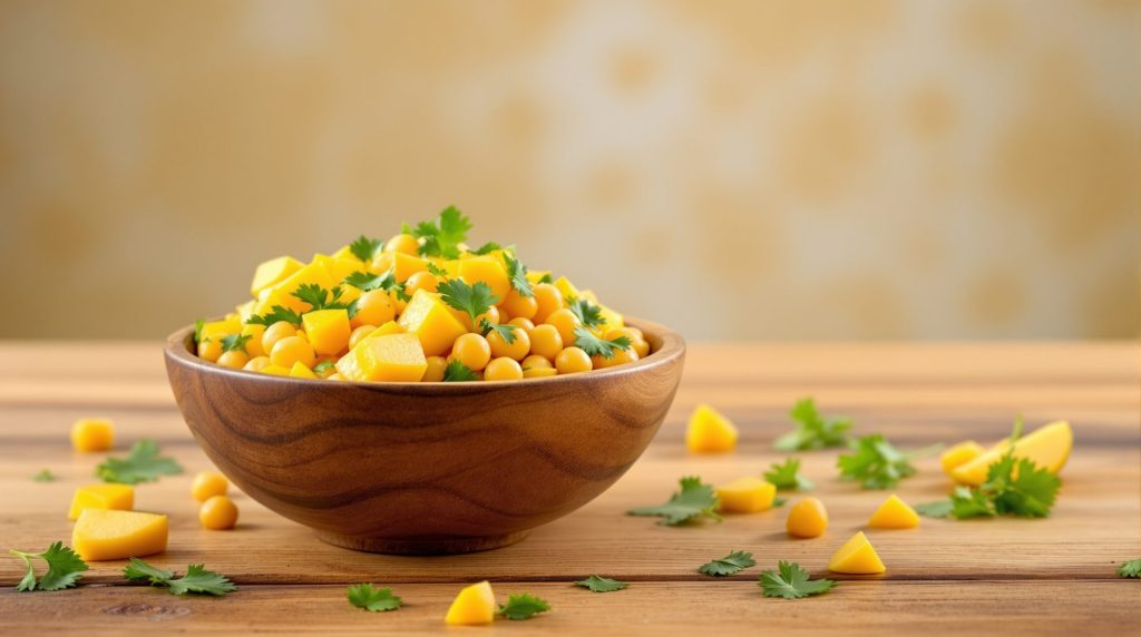 découvrez une salade tiède de pois chiches, sublimée par la mangue juteuse et la fraîcheur de la coriandre. un mélange exotique de saveurs et de textures pour un repas sain, gourmand et équilibré.