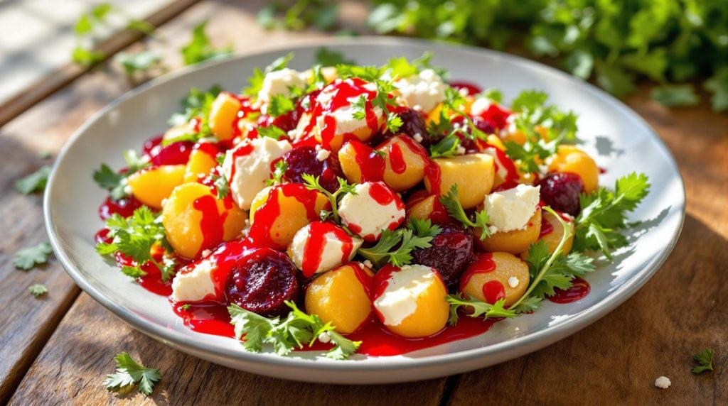 une salade colorée mêlant pommes de terre, betterave et chèvre frais, relevée d’une vinaigrette au vinaigre de framboise. idéale en entrée.