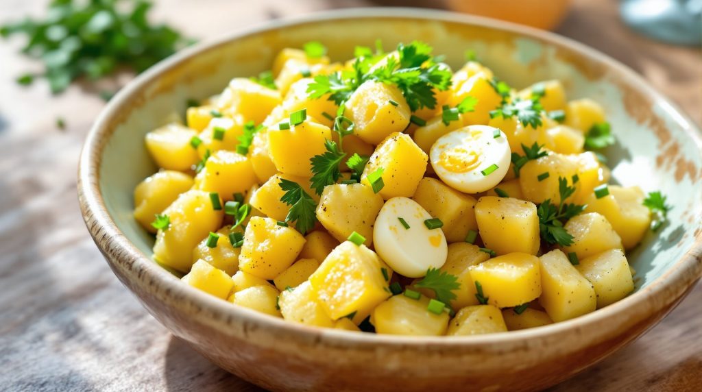 découvrez une recette savoureuse de salade de pommes de terre agrémentée d'œufs de caille, relevée par une vinaigrette à la moutarde à l’ancienne. idéale en entrée ou en accompagnement pour vos repas gourmands.