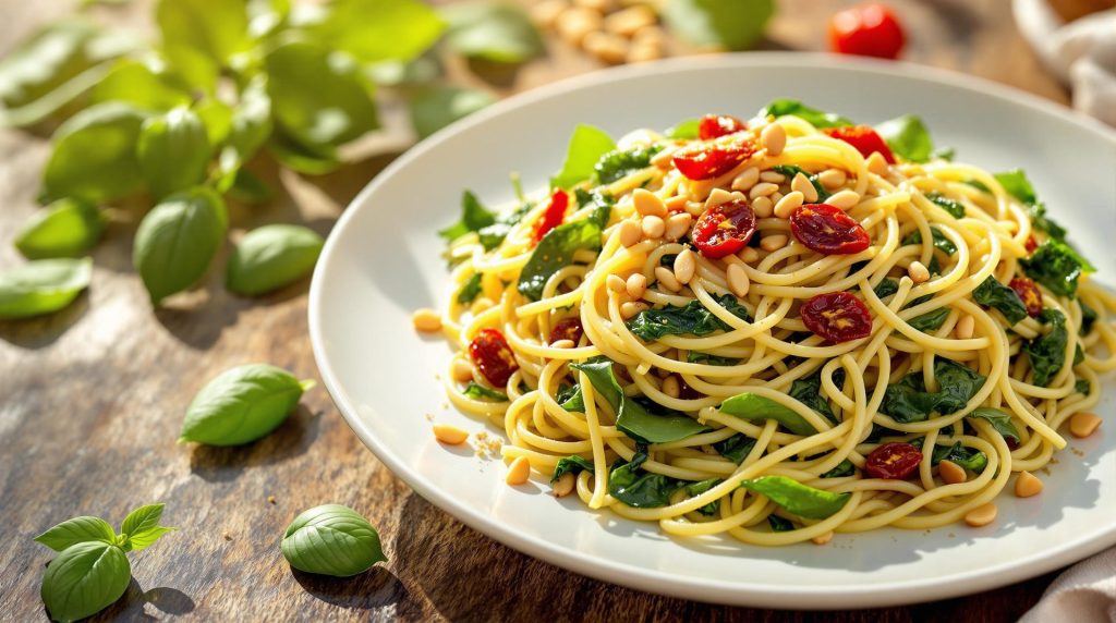 découvrez notre recette estivale de spaghettis aux épinards, tomates séchées et pignons torréfiés, un plat léger, savoureux et facile à préparer pour profiter pleinement des beaux jours.