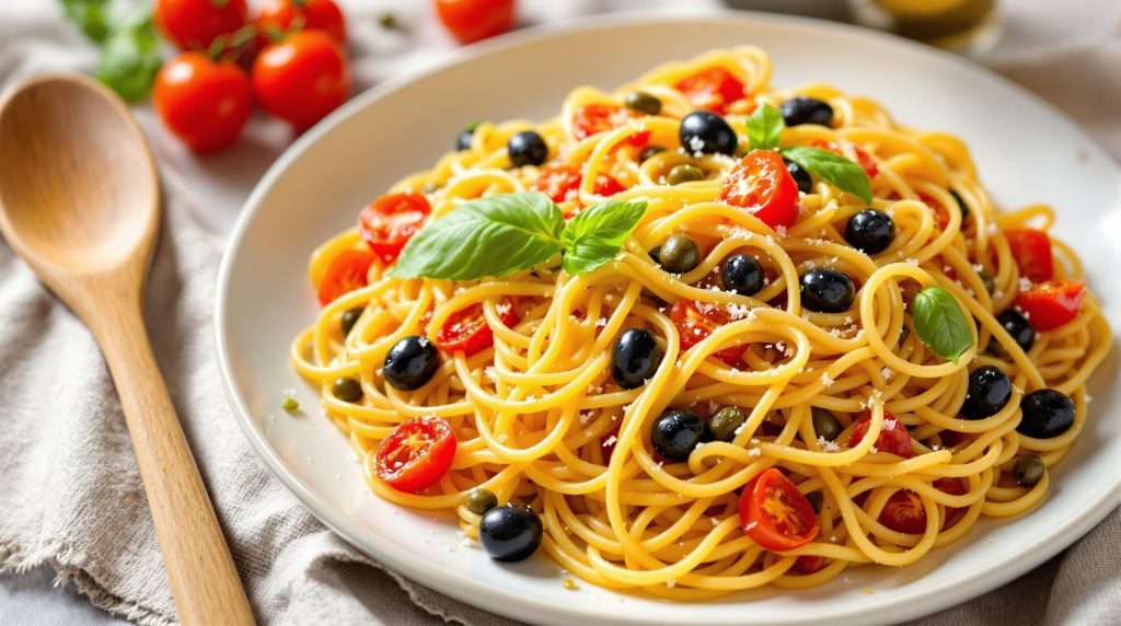 découvrez la recette savoureuse des spaghettis aux tomates confites, câpres et olives noires, un plat méditerranéen facile à préparer qui vous transporte au cœur du sud avec ses saveurs ensoleillées et authentiques.