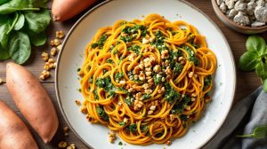 découvrez une recette délicieuse et saine de spaghettis de patate douce rôtie, accompagnés d'un pesto d'épinards onctueux et agrémentés de noix croquantes. ce plat savoureux vous offre le meilleur de la gourmandise tout en prenant soin de votre santé. une harmonie parfaite entre plaisir et bien-être !