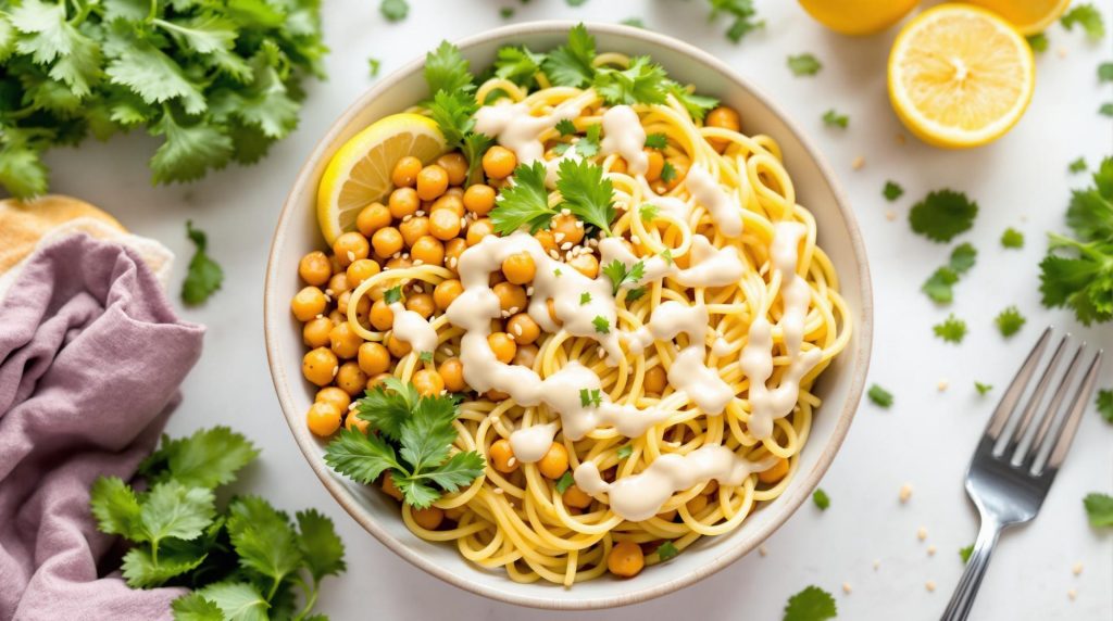 découvrez une recette fraîche et nourrissante : spaghettis froids, pois chiches croustillants et sauce tahini citron. idéal pour un déjeuner rapide et équilibré.