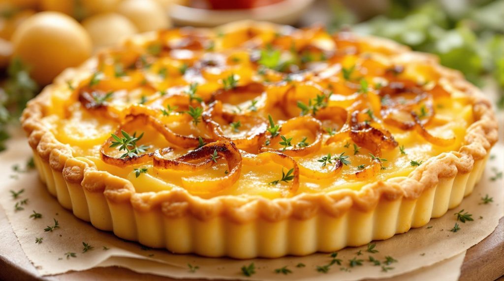 découvrez notre délicieuse tarte fine aux pommes de terre et oignons caramélisés, parfumée avec des herbes de provence. une bouchée et vous serez séduits par sa texture fondante et ses saveurs irrésistibles.