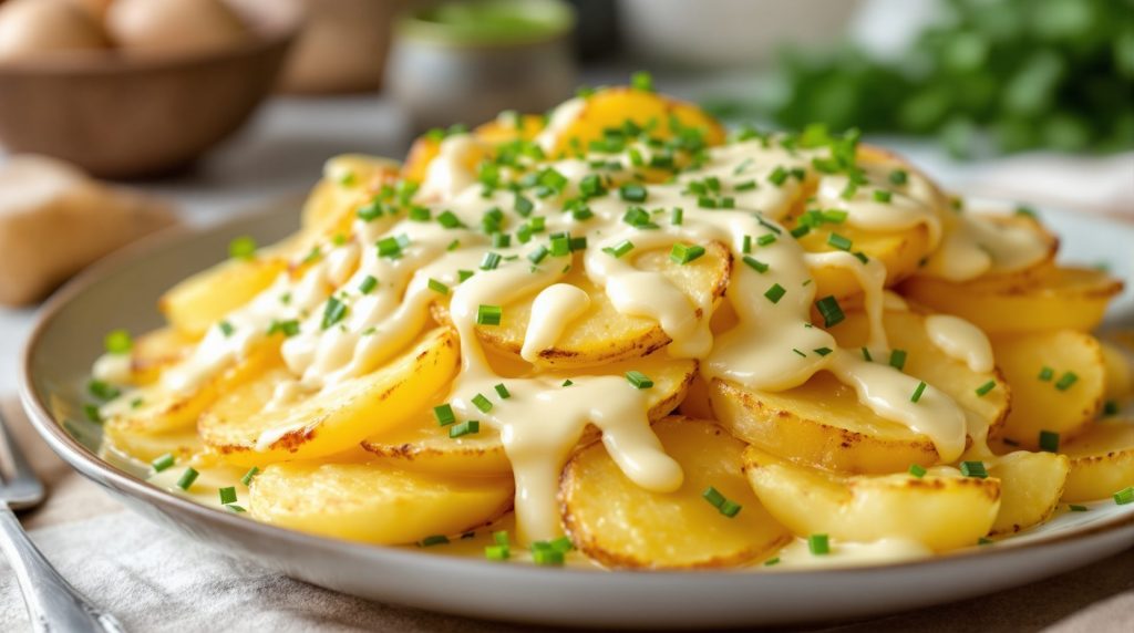 découvrez notre tartiflette revisitée, alliant pommes de terre fondantes, reblochon savoureux et une délicate crème à la moutarde douce pour une touche originale et gourmande.