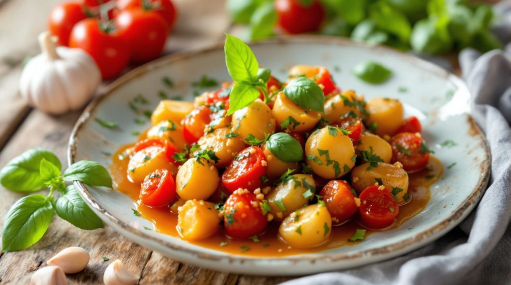 découvrez ce délicieux tian de pommes de terre et tomates à la provençale, gratiné au four et nappé d'une savoureuse sauce basilic-ail pour une explosion de saveurs méditerranéennes. facile, coloré et parfait pour accompagner vos plats d'été !