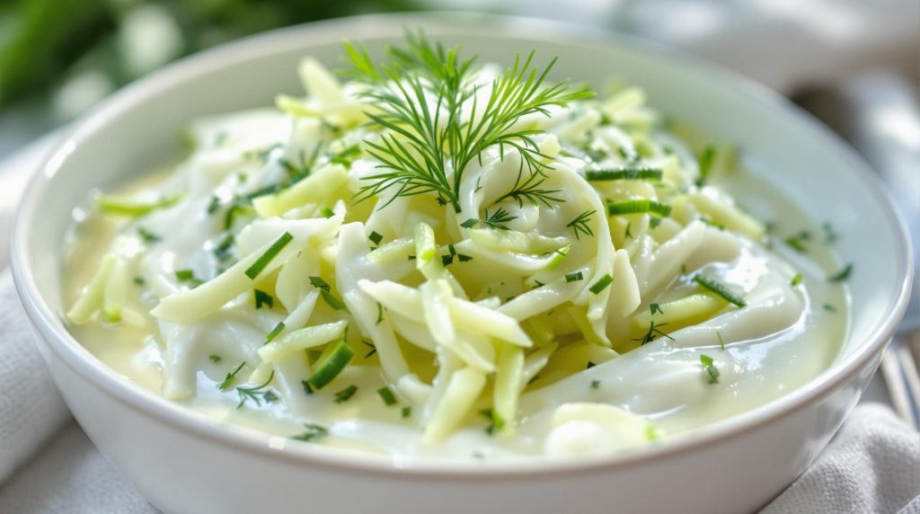 découvrez une vinaigrette légère au yaourt, agrémentée de concombre râpé et d'aneth, pour apporter une touche de fraîcheur scandinave à vos salades et plats estivaux.