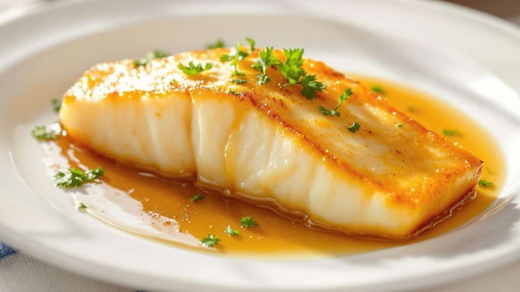 Assiette de sole meunière dorée, nappée de beurre noisette, citron et persil, texture croustillante et chair fondante