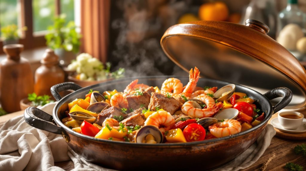 découvrez une recette facile de cataplana au porc et aux fruits de mer, un plat traditionnel du portugal alliant saveurs authentiques et convivialité. idéal pour un voyage culinaire en toute simplicité.