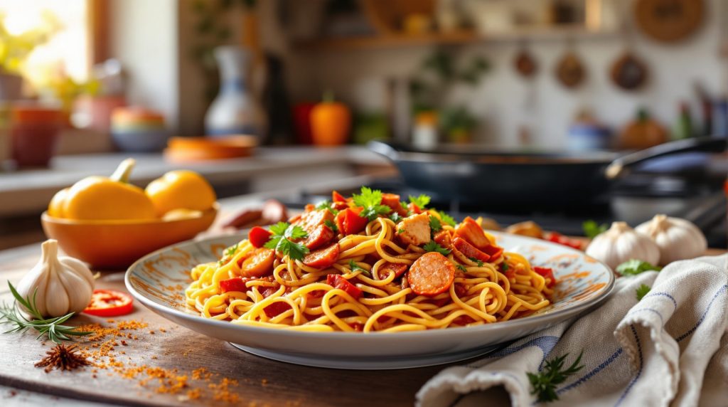 découvrez comment préparer une fideuà au poulet et chorizo, une recette espagnole simple et savoureuse. apportez les saveurs méditerranéennes chez vous avec ce plat convivial et rapide à réaliser.