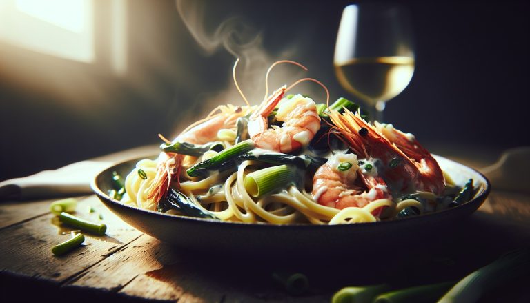 découvrez une recette raffinée de linguine aux poireaux fondants, enveloppées d'une crème veloutée et agrémentées de crevettes savoureuses pour un repas délicieusement gourmand.