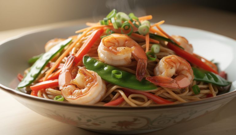 Découvrez une recette savoureuse de nouilles chinoises aux crevettes fraîches et légumes croquants, parfaite pour un repas rapide et équilibré.
