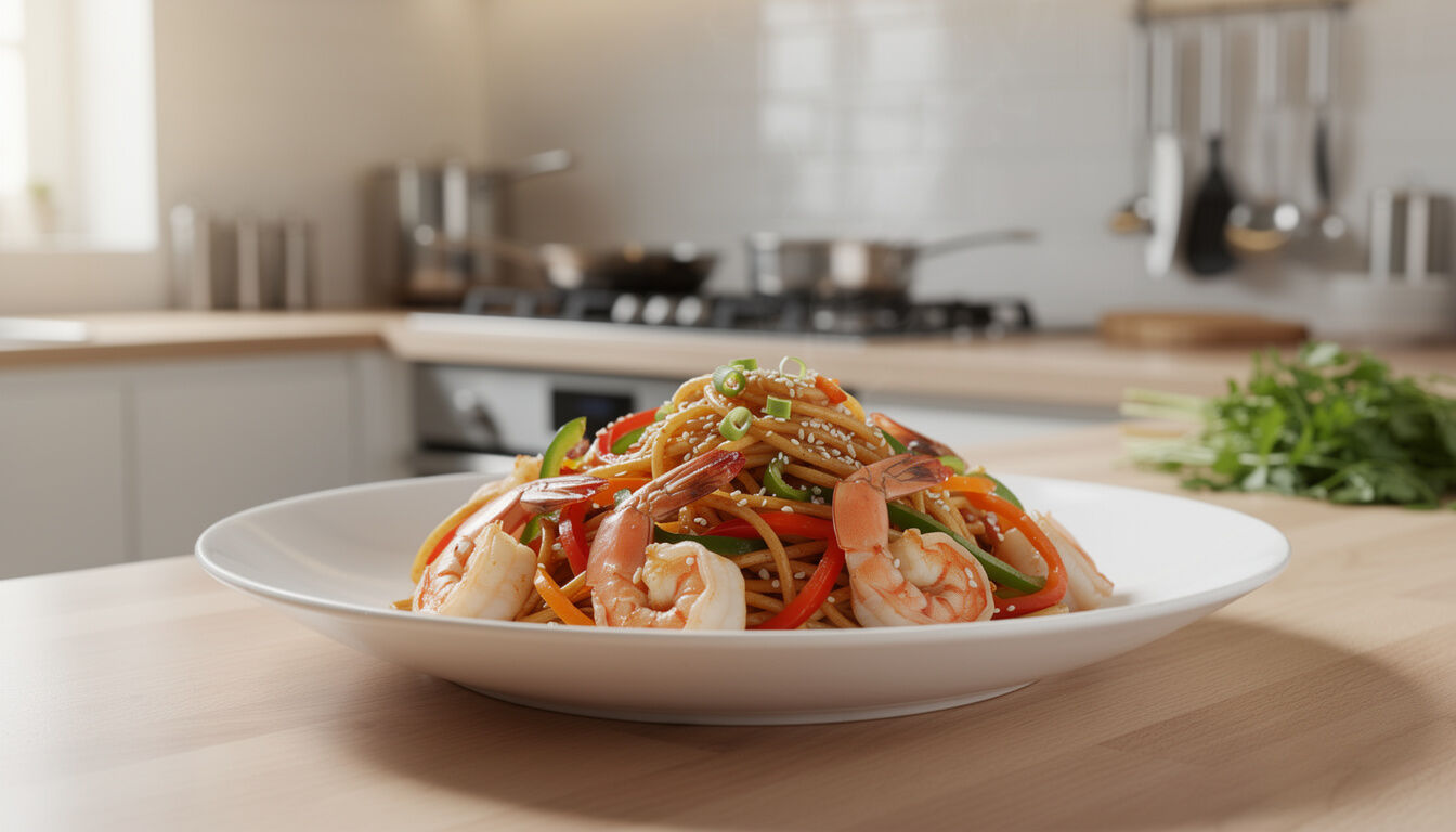 Découvrez notre recette savoureuse de nouilles chinoises aux crevettes et légumes croquants, un plat gourmand et équilibré parfait pour un repas rapide et délicieux.