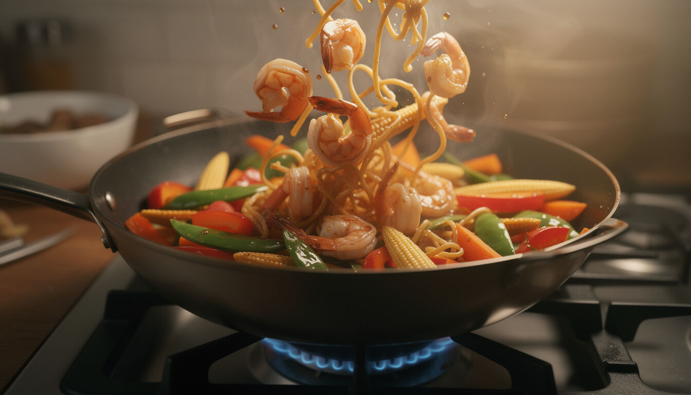 Découvrez une recette savoureuse de nouilles chinoises aux crevettes fraîches et légumes croquants, idéale pour un repas rapide et équilibré.