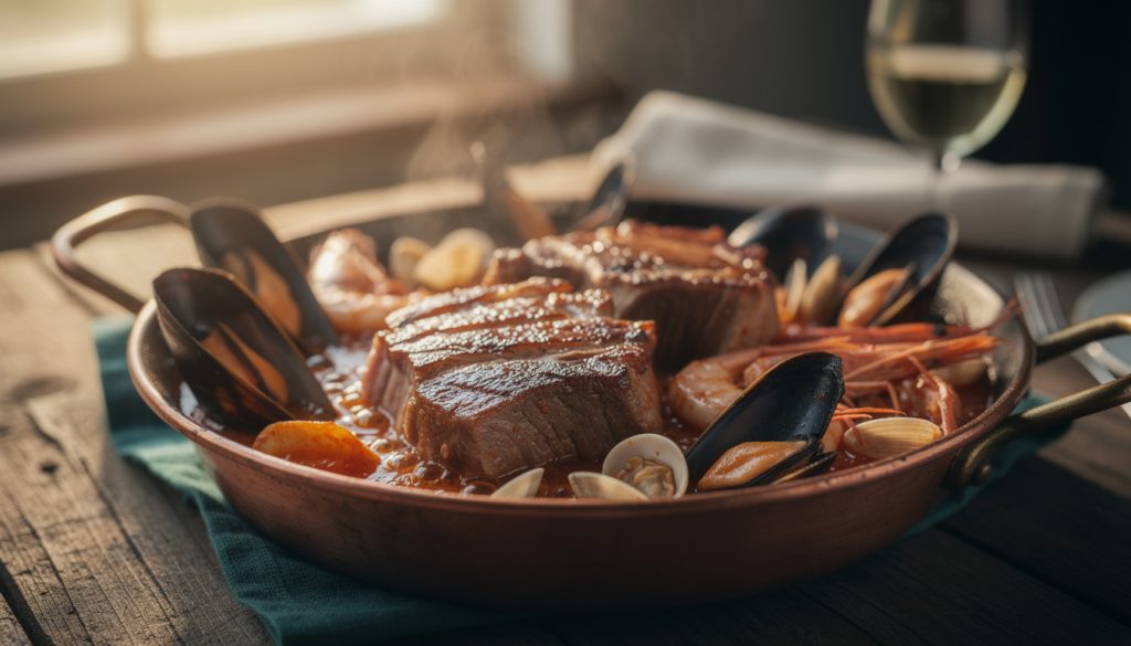 découvrez la recette traditionnelle portugaise de la cataplana de porc aux fruits de mer, un plat savoureux et convivial alliant saveurs marines et viande tendre.