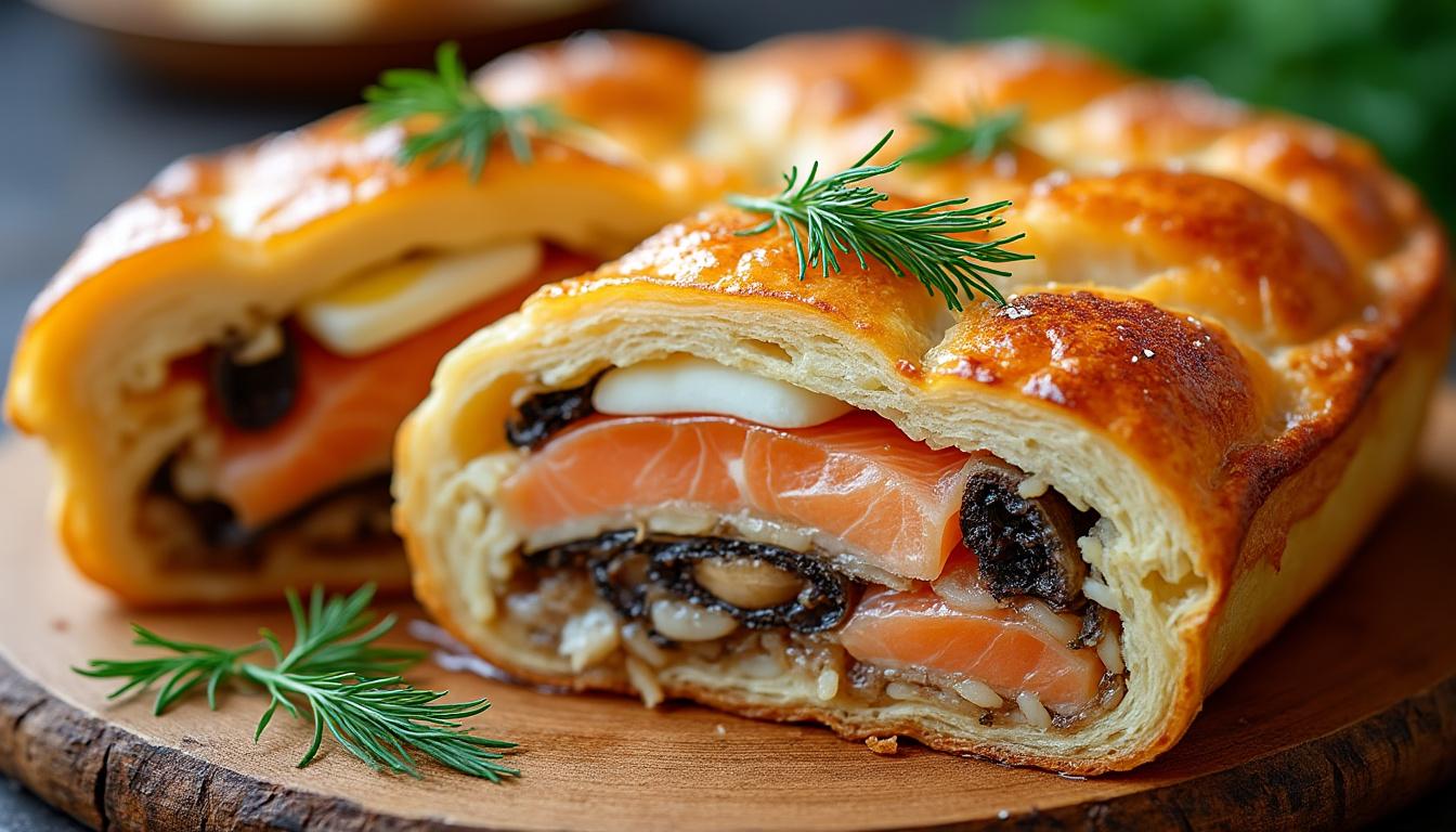 découvrez la recette traditionnelle du koulibiac, un savoureux plat russe alliant pâte croustillante et farce généreuse, idéal pour vos repas chaleureux.