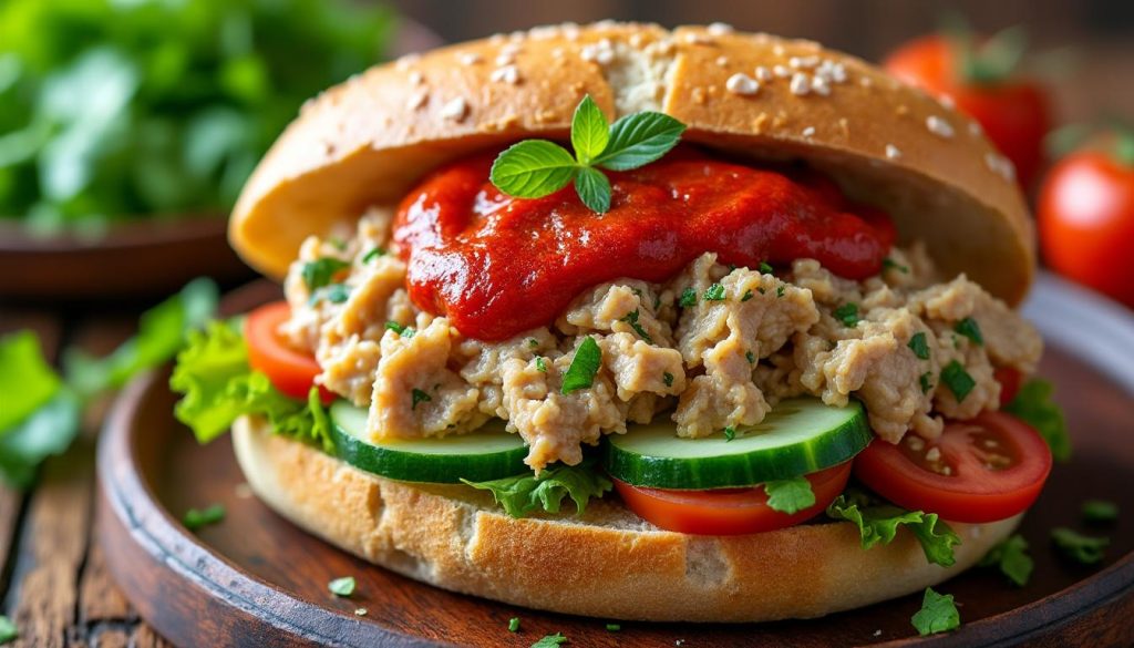 découvrez notre délicieux sandwich tunisien au thon, rehaussé d'une harissa maison authentique pour un goût épicé et savoureux.