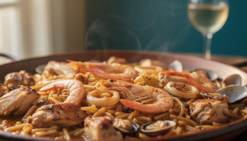 découvrez la recette traditionnelle catalane de la fideuà au poulet et fruits de mer, un plat savoureux mêlant pâtes fines, poulet tendre et fruits de mer frais pour un repas gourmand et authentique.