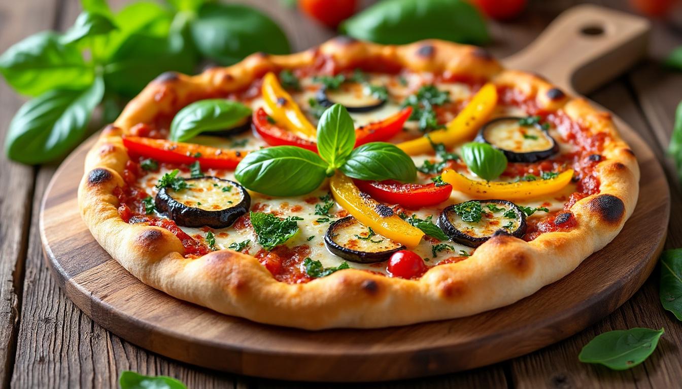 savourez notre délice de pizza aux légumes, alliant fraîcheur et saveurs saines pour un repas gourmand et équilibré.