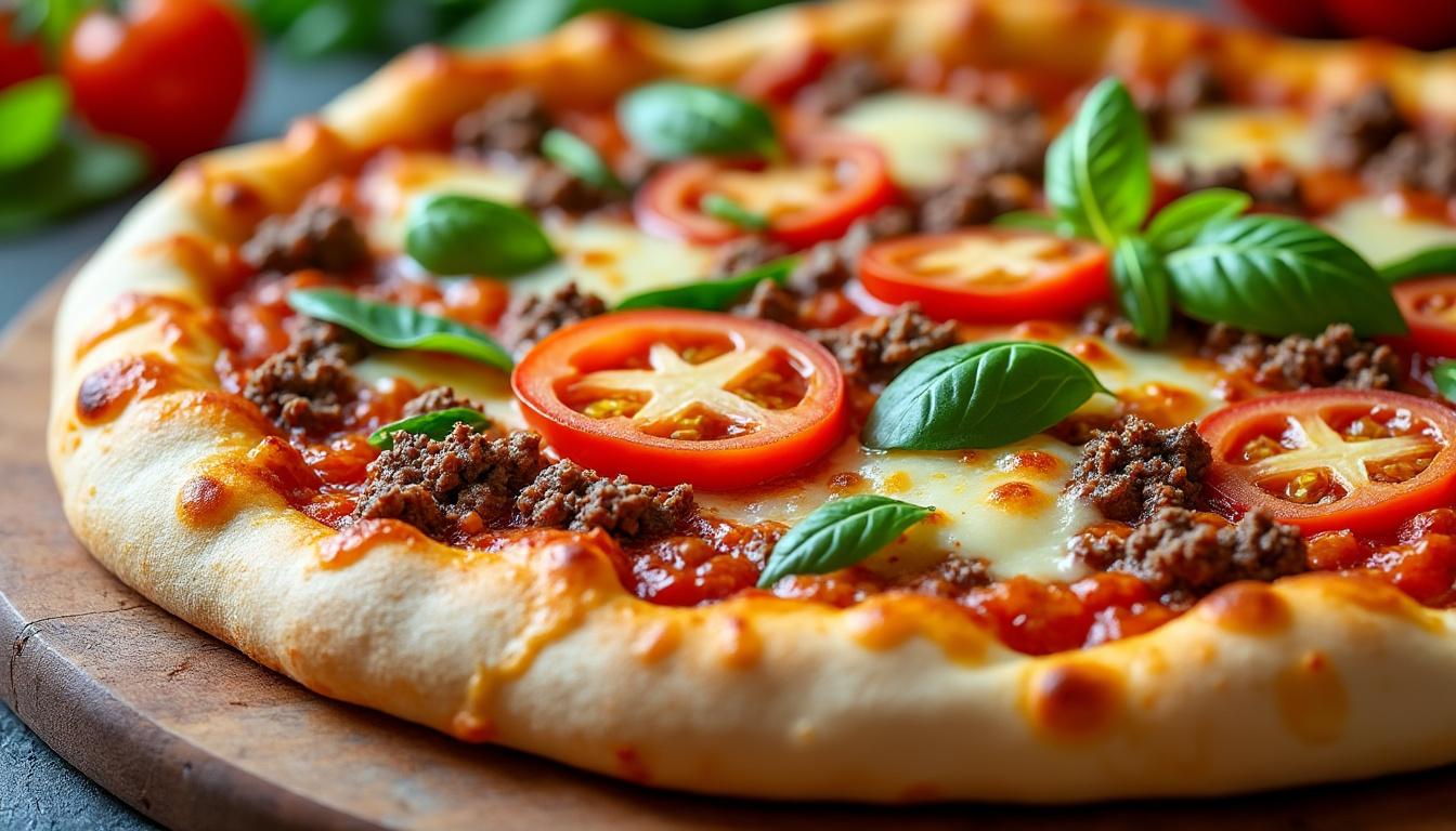 savourez notre délicieuse pizza gourmande garnie de viande hachée savoureuse, parfaite pour les amateurs de saveurs riches et généreuses.