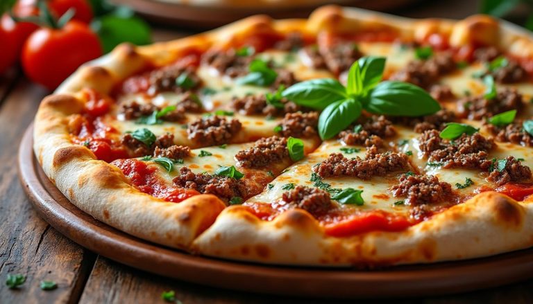 savourez notre délicieuse pizza gourmande généreusement garnie de viande hachée, idéale pour les amateurs de saveurs riches et authentiques.