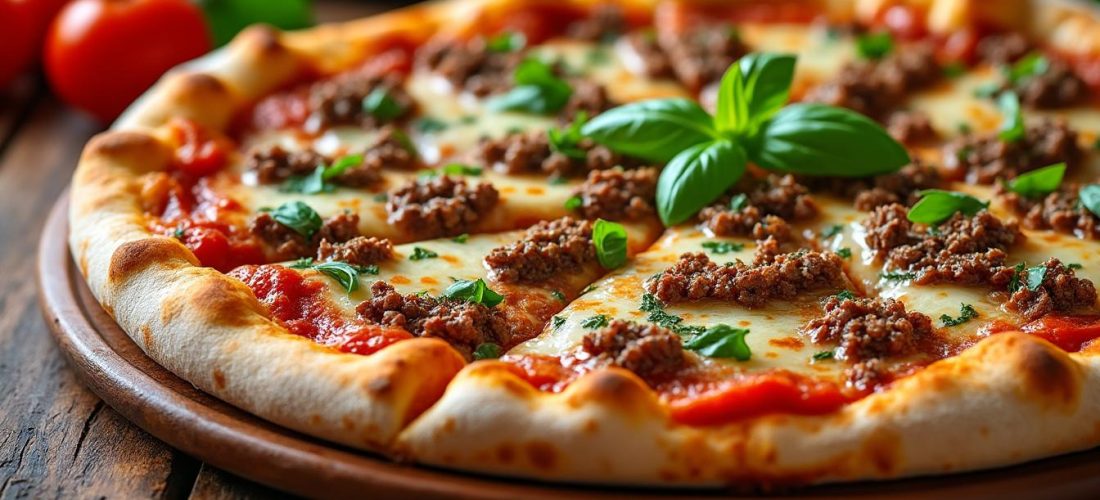 savourez notre délicieuse pizza gourmande généreusement garnie de viande hachée, idéale pour les amateurs de saveurs riches et authentiques.