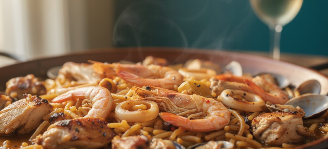 découvrez la recette traditionnelle catalane de la fideuà au poulet et fruits de mer, un plat savoureux mêlant pâtes fines, poulet tendre et fruits de mer frais pour un repas gourmand et authentique.