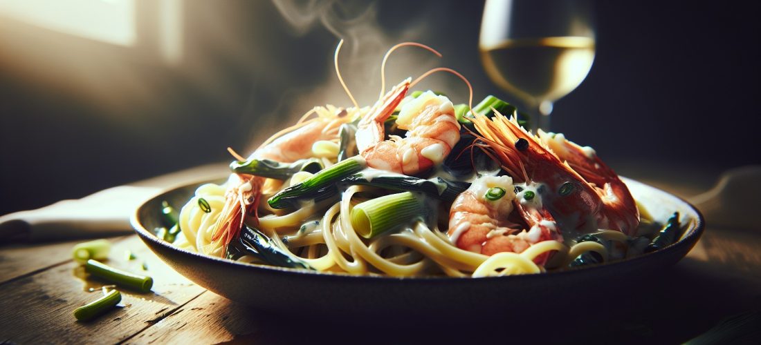 découvrez une recette raffinée de linguine aux poireaux fondants, enveloppées d'une crème veloutée et agrémentées de crevettes savoureuses pour un repas délicieusement gourmand.