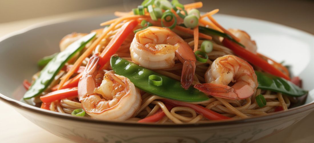 Découvrez une recette savoureuse de nouilles chinoises aux crevettes fraîches et légumes croquants, parfaite pour un repas rapide et équilibré.